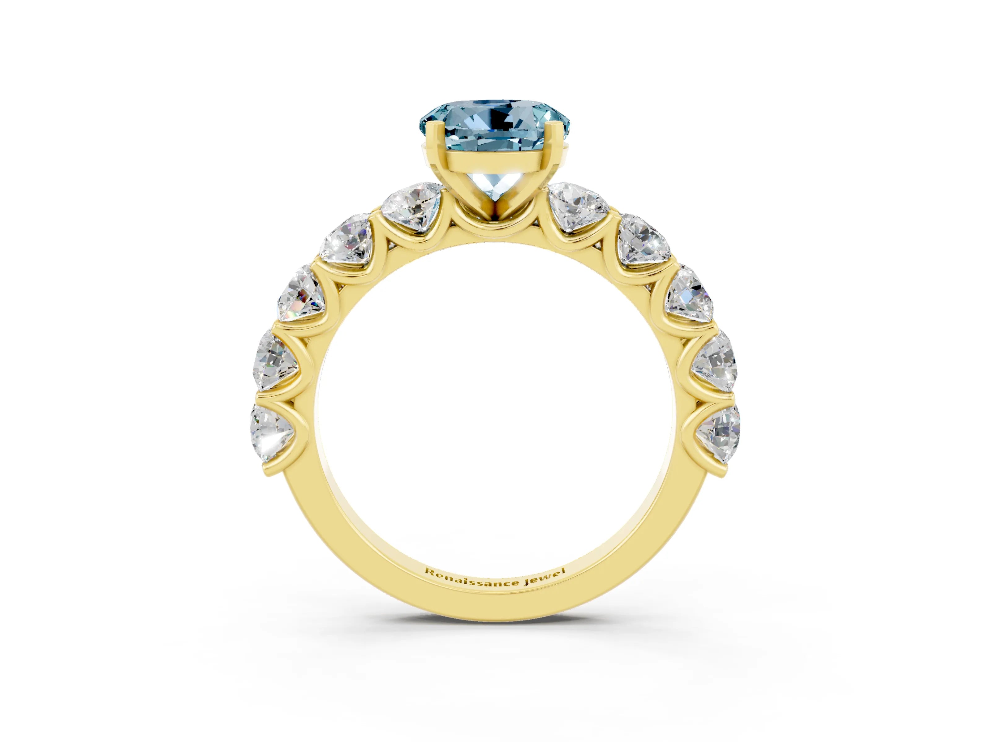 Yellow gold Round Cut Aquamarine Prong Setting with Side Stones on a Pave Band_3