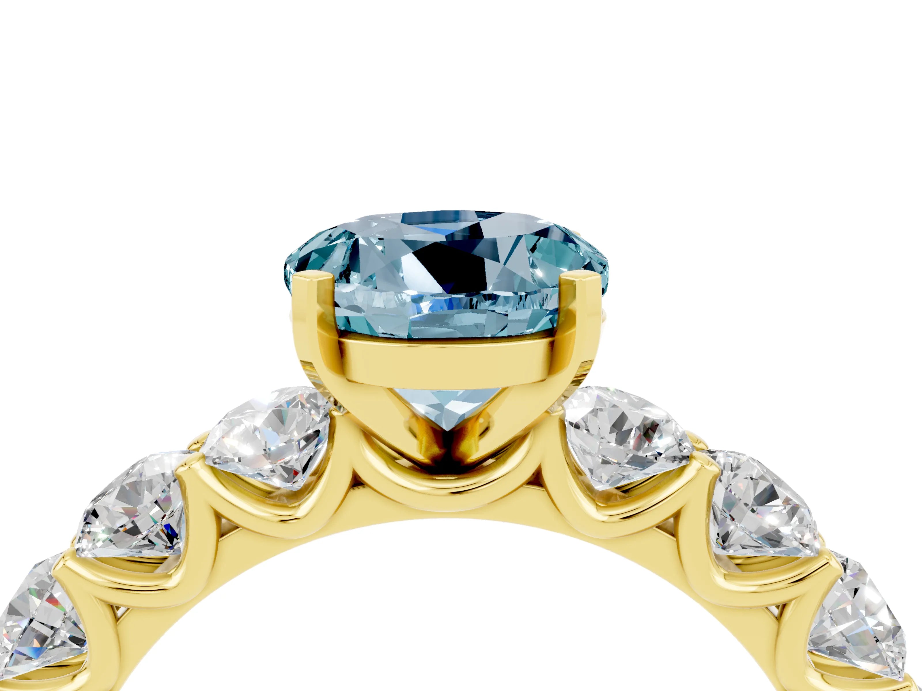 Yellow gold Round Cut Aquamarine Prong Setting with Side Stones on a Pave Band_4