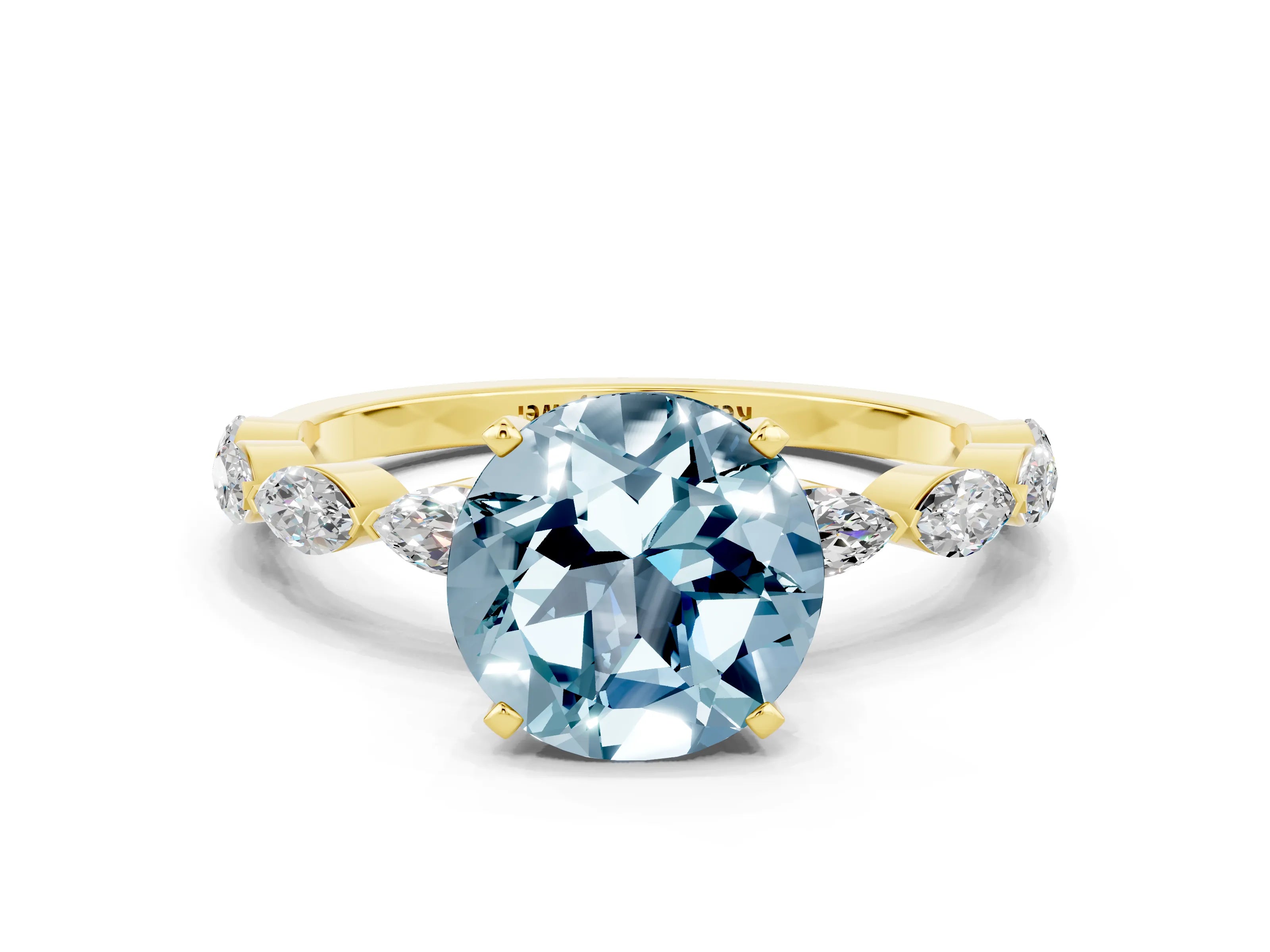 Yellow gold Round Cut Aquamarine Ring with Marquise Side Stones and Prong Setting