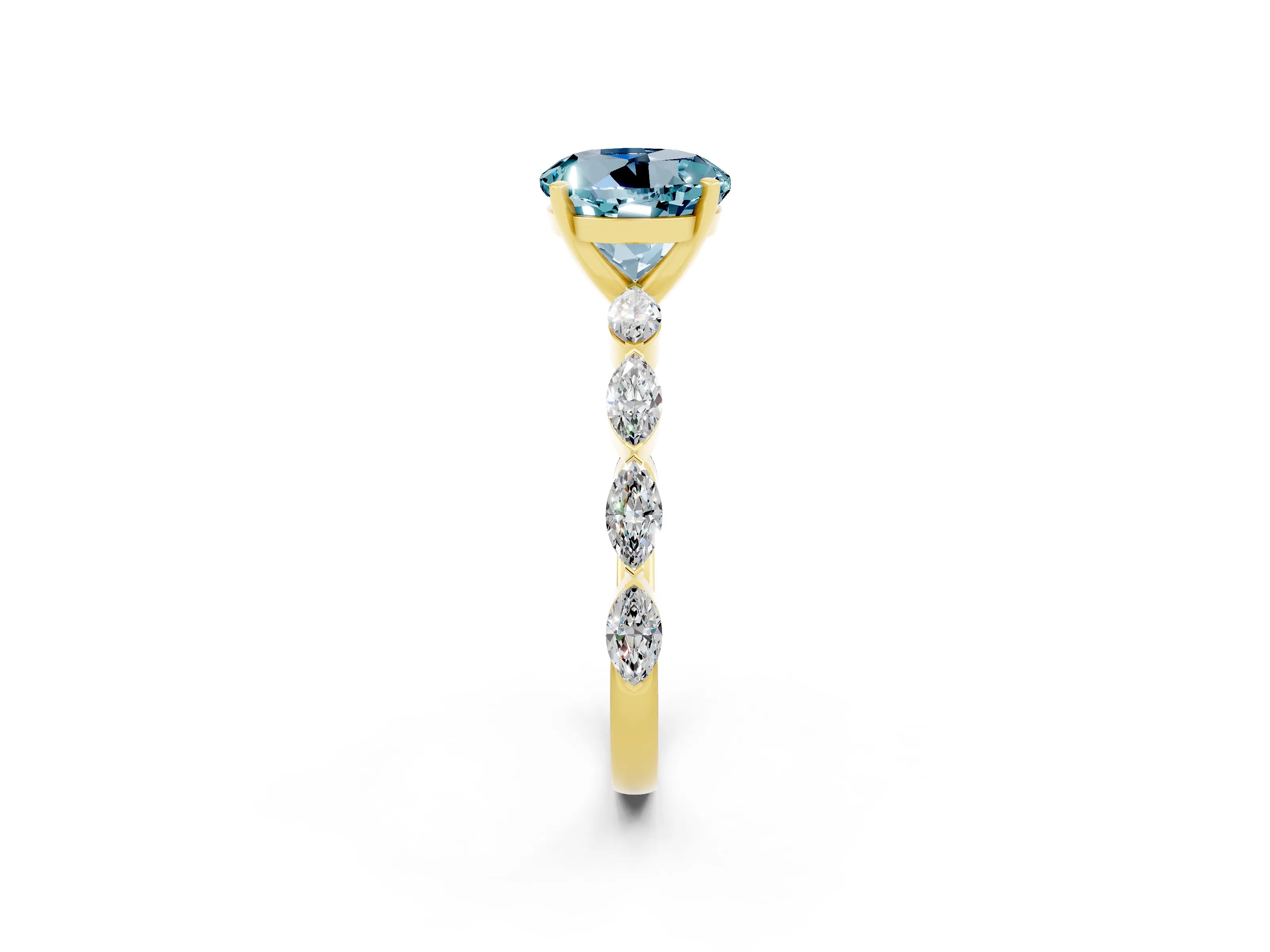Yellow gold Round Cut Aquamarine Ring with Marquise Side Stones and Prong Setting_2