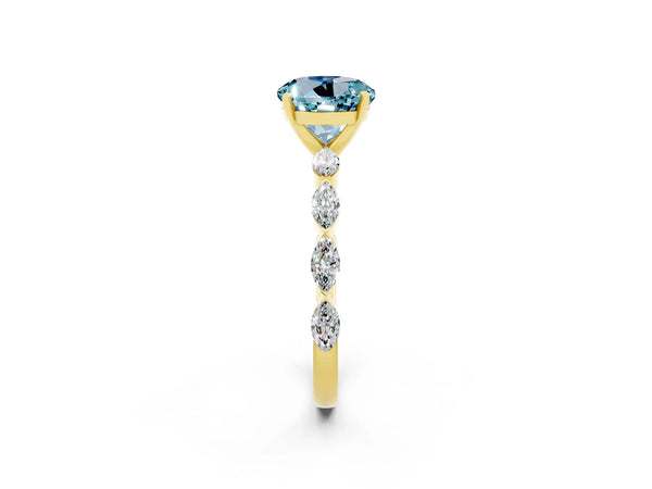 Yellow gold Round Cut Aquamarine Ring with Marquise Side Stones and Prong Setting