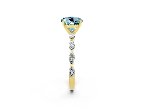 Yellow gold Round Cut Aquamarine Ring with Marquise Side Stones and Prong Setting_2