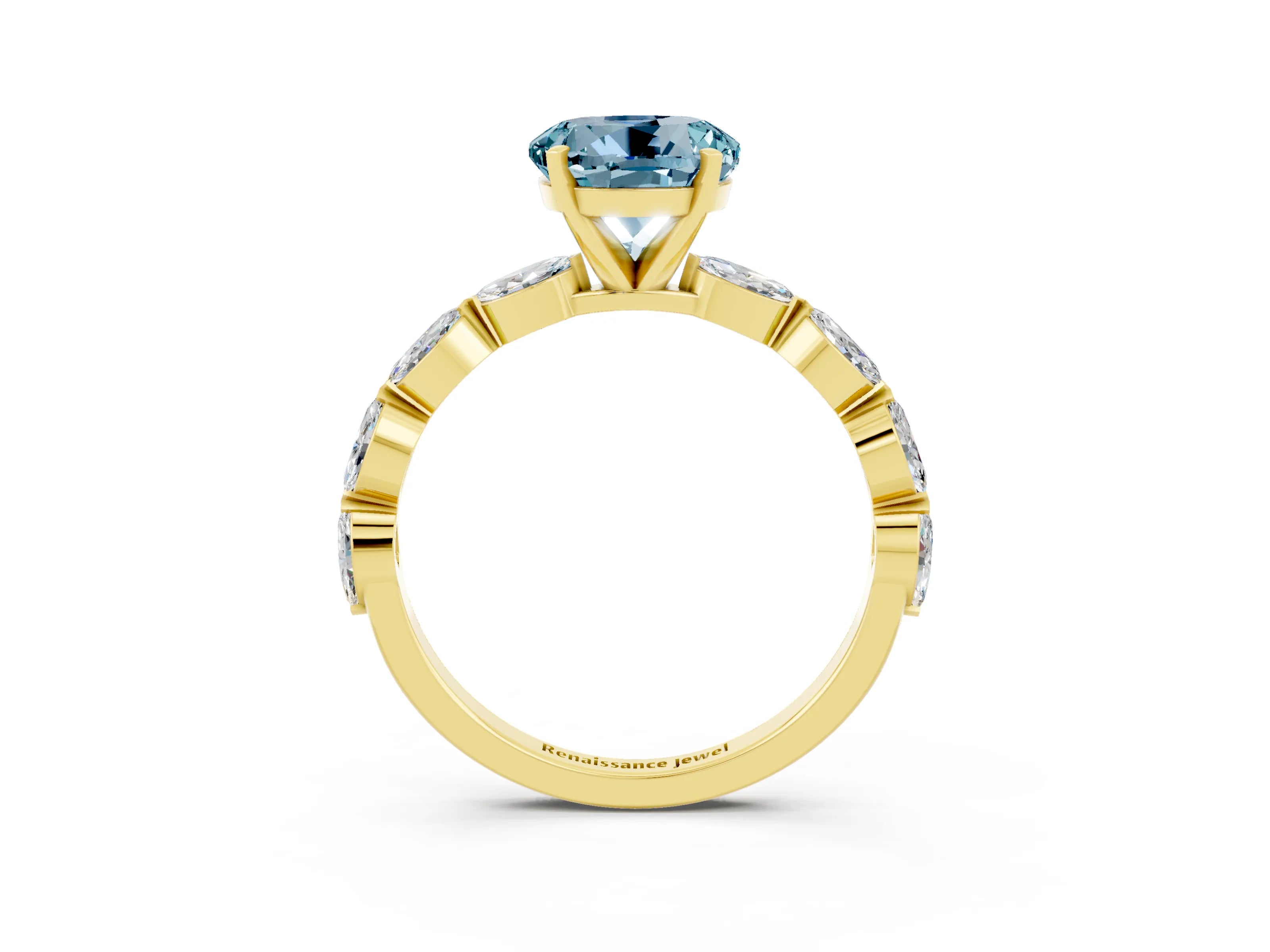 Yellow gold Round Cut Aquamarine Ring with Marquise Side Stones and Prong Setting_3