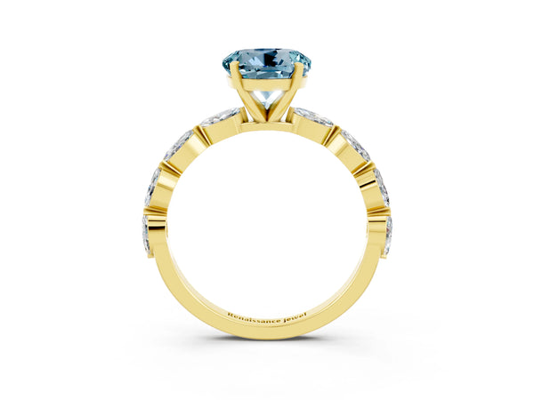 Yellow gold Round Cut Aquamarine Ring with Marquise Side Stones and Prong Setting