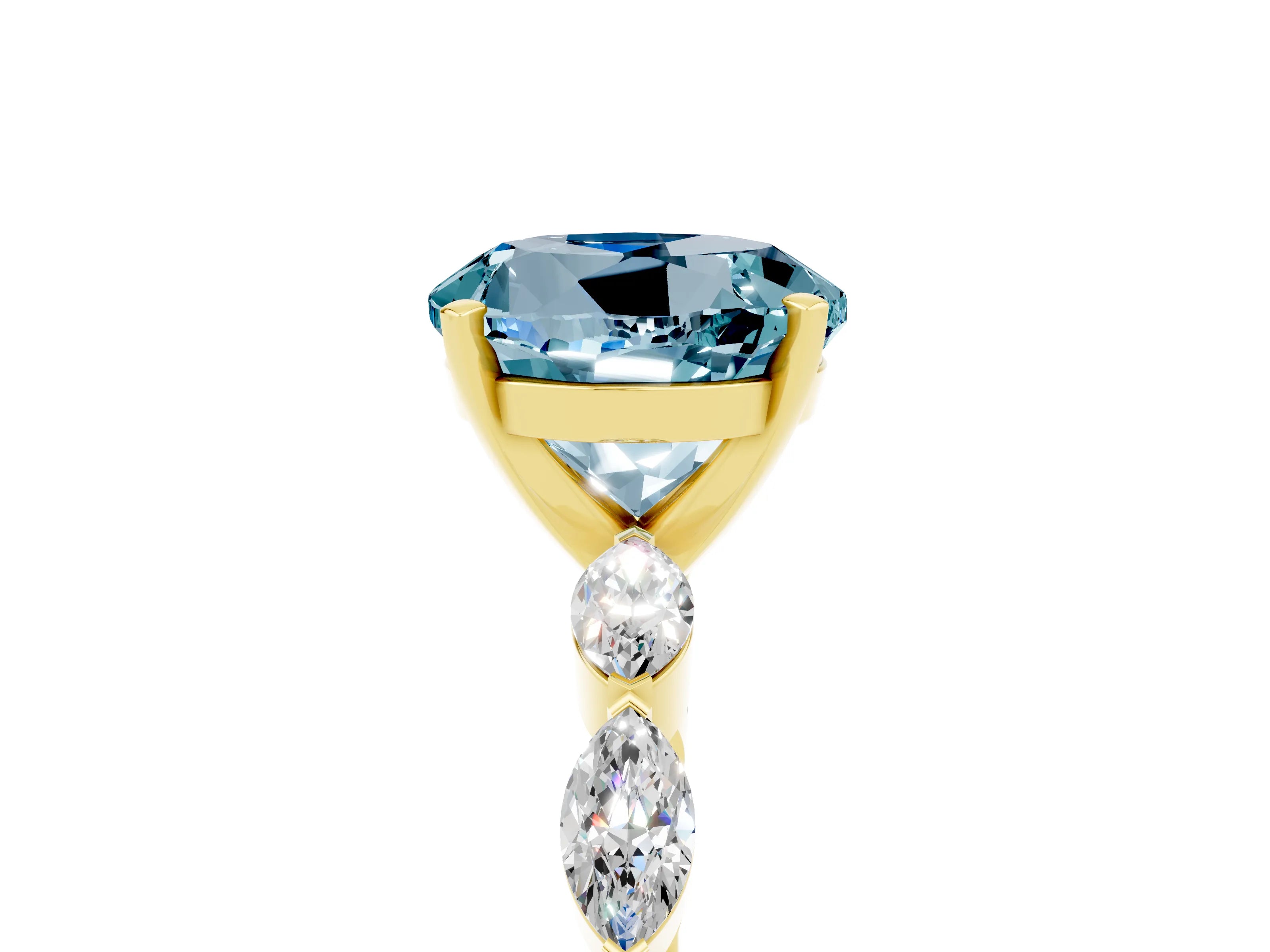 Yellow gold Round Cut Aquamarine Ring with Marquise Side Stones and Prong Setting_5