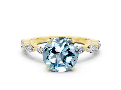 Yellow gold Round Cut Aquamarine Ring with Marquise Side Stones and Prong Setting