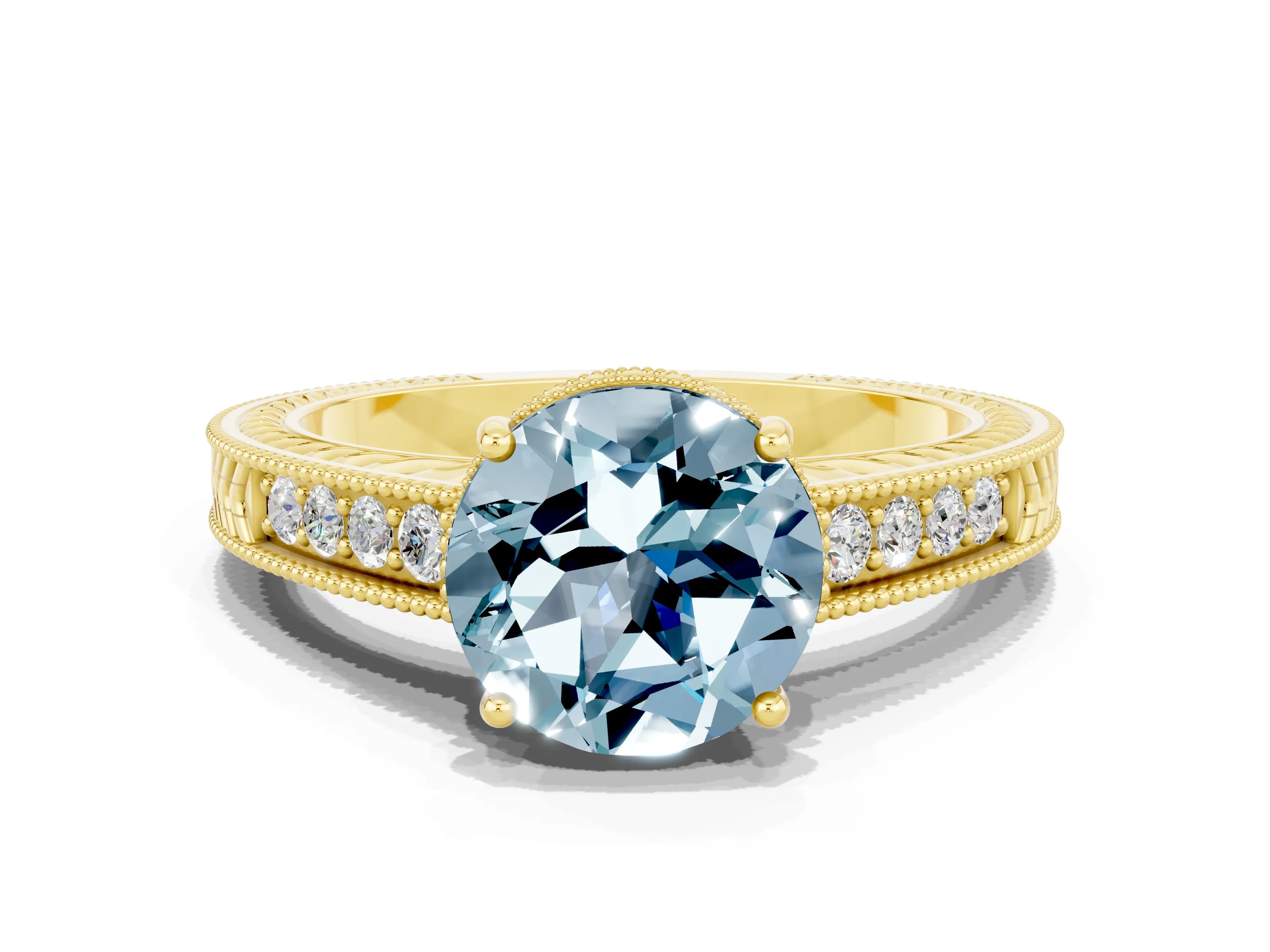 Yellow gold Round Cut Aquamarine Ring with Milgrain Pavé Band and Four-Prong Setting_12
