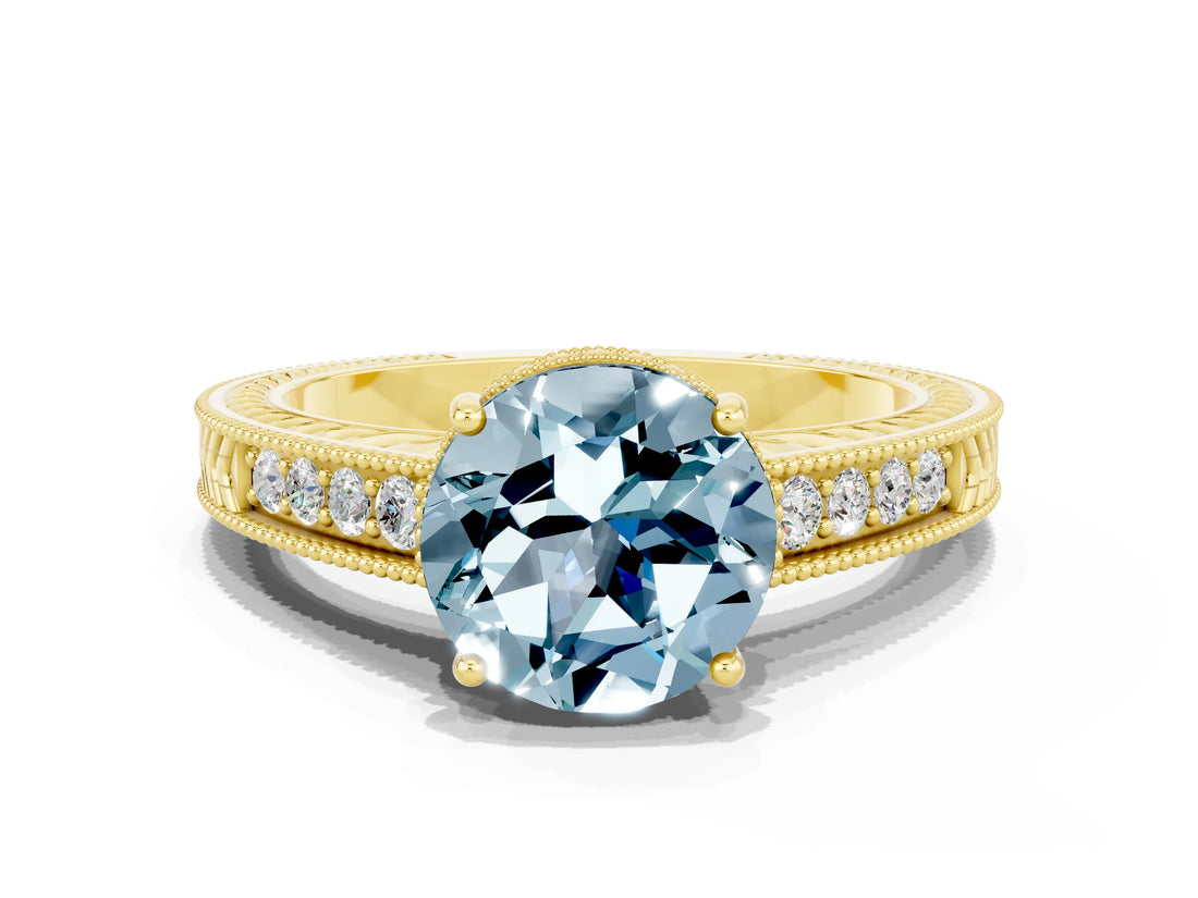 Yellow gold Round Cut Aquamarine Ring with Milgrain Pavé Band and Four-Prong Setting_12
