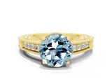 Yellow gold Round Cut Aquamarine Ring with Milgrain Pavé Band and Four-Prong Setting_12