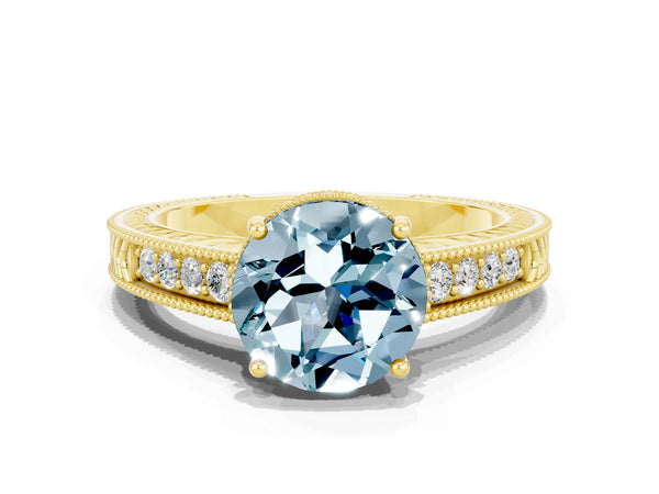 Yellow gold Round Cut Aquamarine Ring with Milgrain Pavé Band and Four-Prong Setting