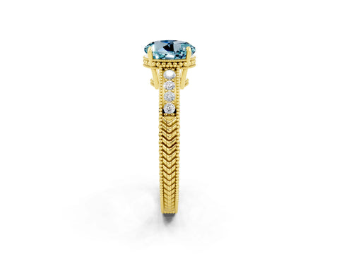 Yellow gold Round Cut Aquamarine Ring with Milgrain Pavé Band and Four-Prong Setting_14