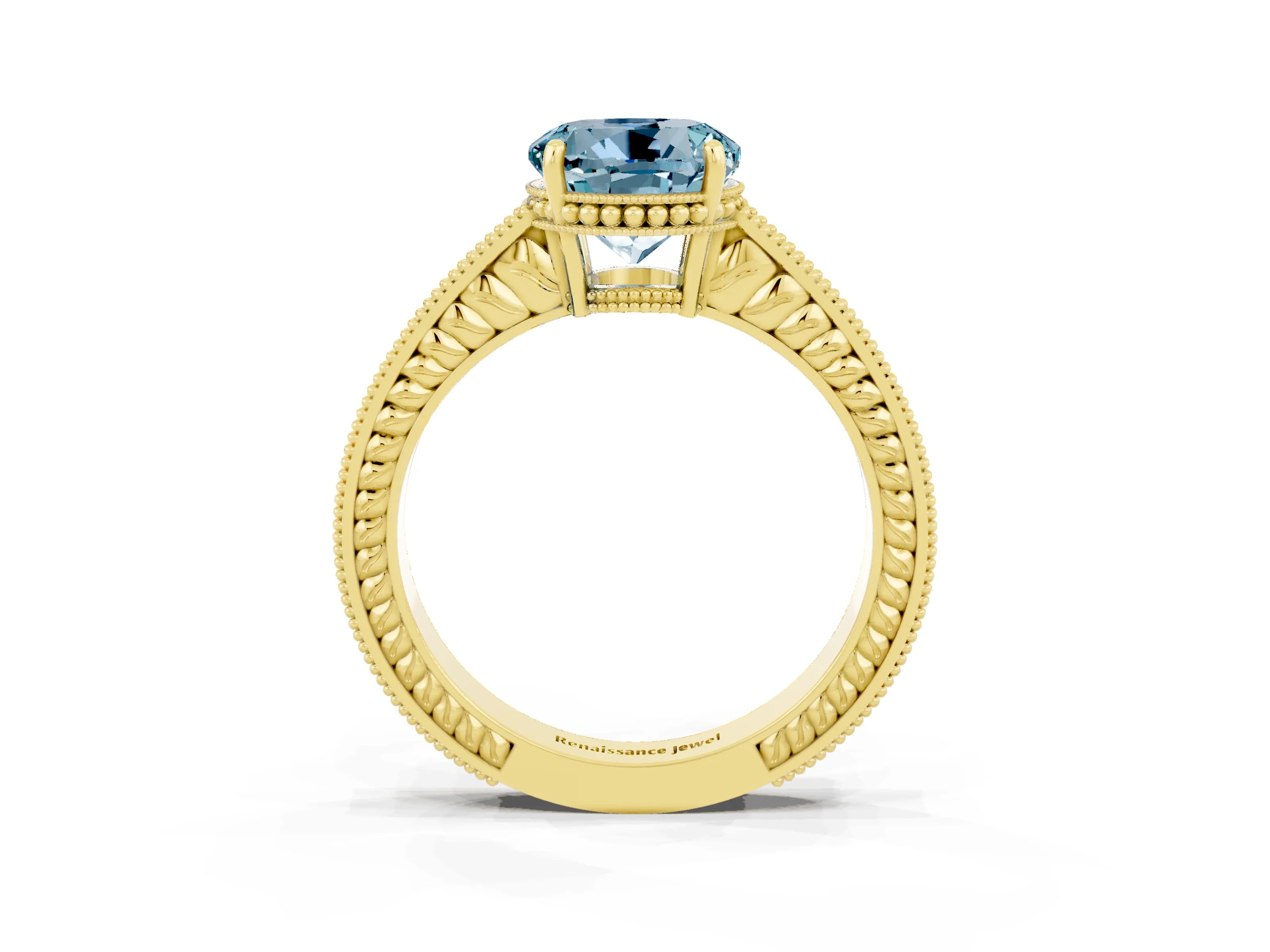 Yellow gold Round Cut Aquamarine Ring with Milgrain Pavé Band and Four-Prong Setting_15