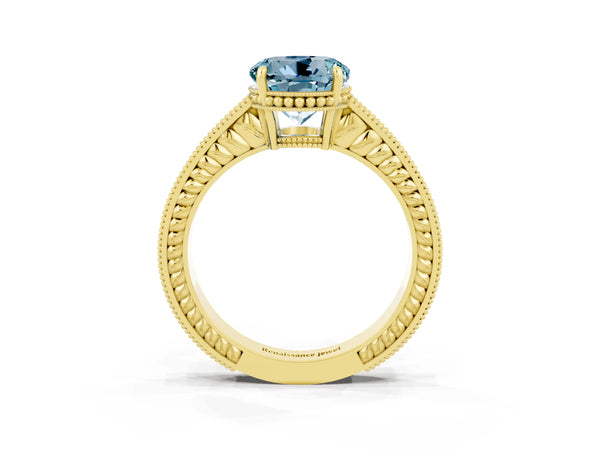 Yellow gold Round Cut Aquamarine Ring with Milgrain Pavé Band and Four-Prong Setting