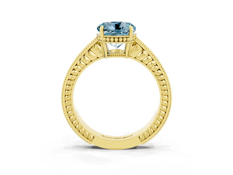 Yellow gold Round Cut Aquamarine Ring with Milgrain Pavé Band and Four-Prong Setting_15