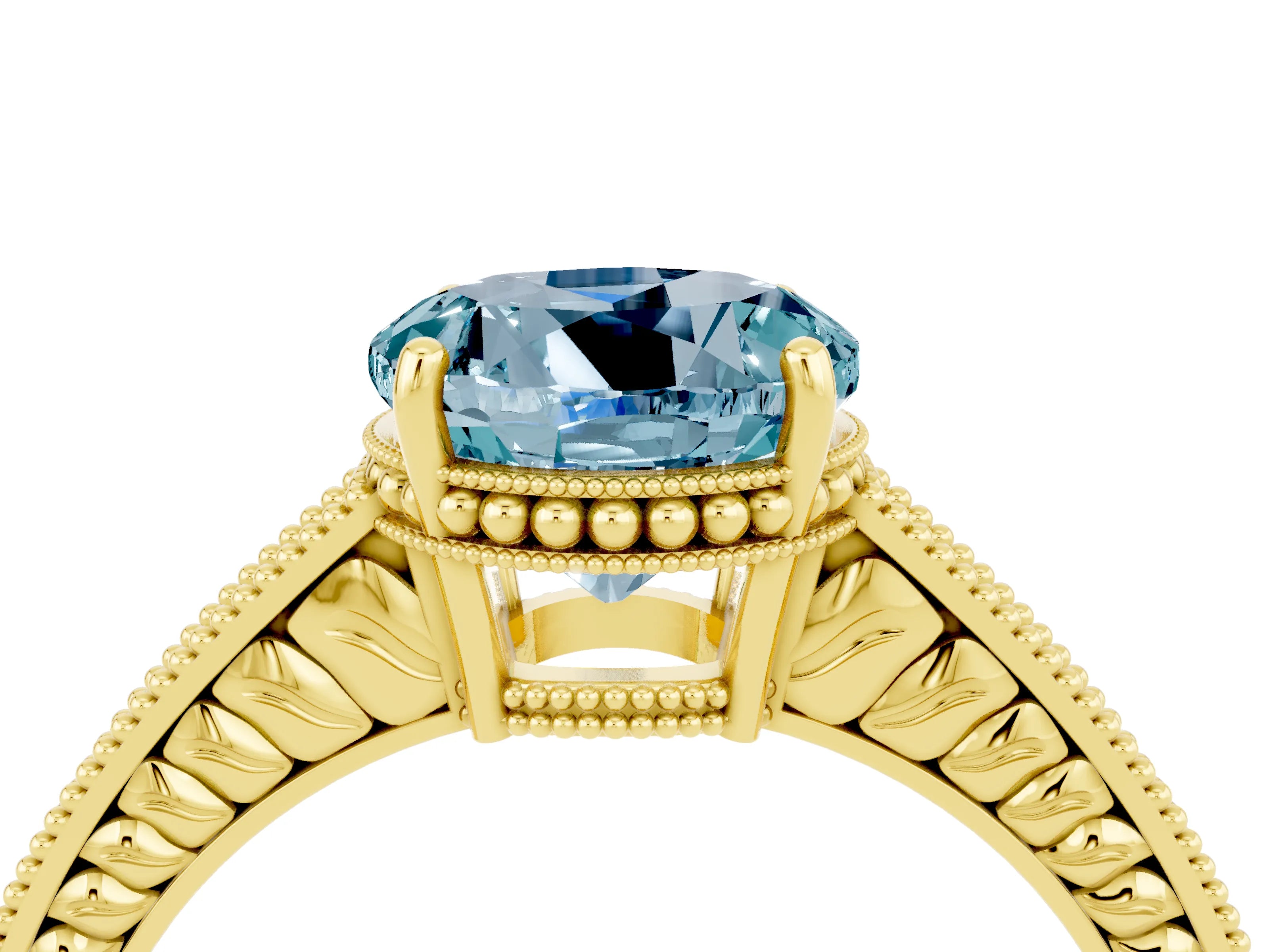 Yellow gold Round Cut Aquamarine Ring with Milgrain Pavé Band and Four-Prong Setting_16