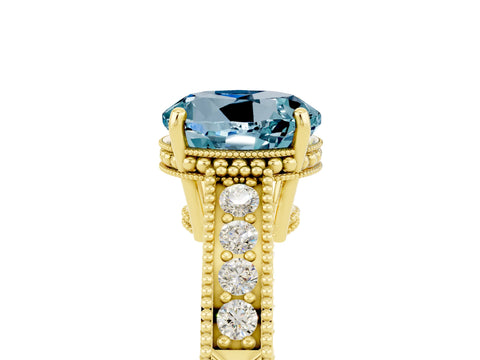 Yellow gold Round Cut Aquamarine Ring with Milgrain Pavé Band and Four-Prong Setting_17