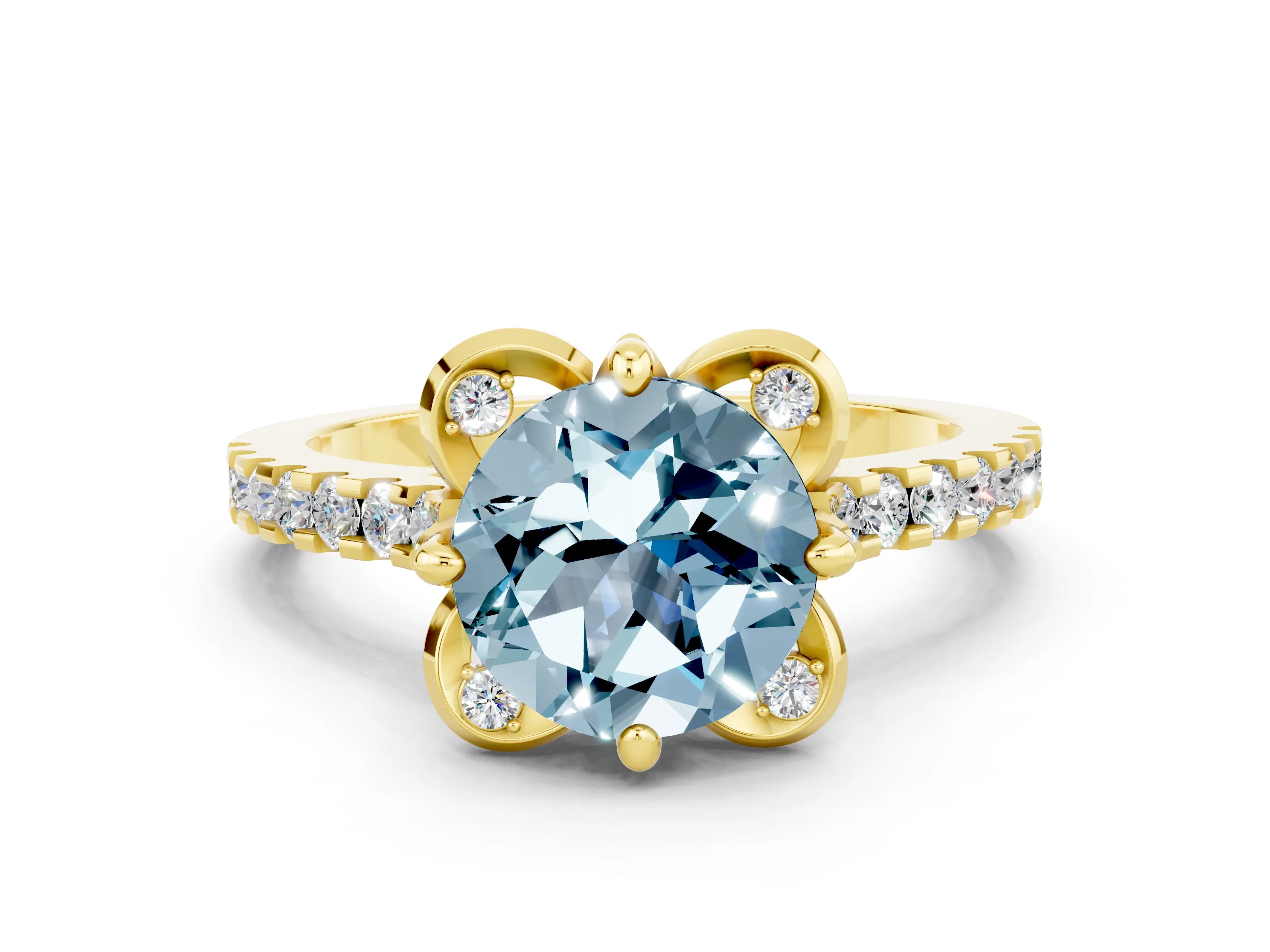 Yellow gold Round Cut Aquamarine Ring with Pavé Band and Floral Prong Setting