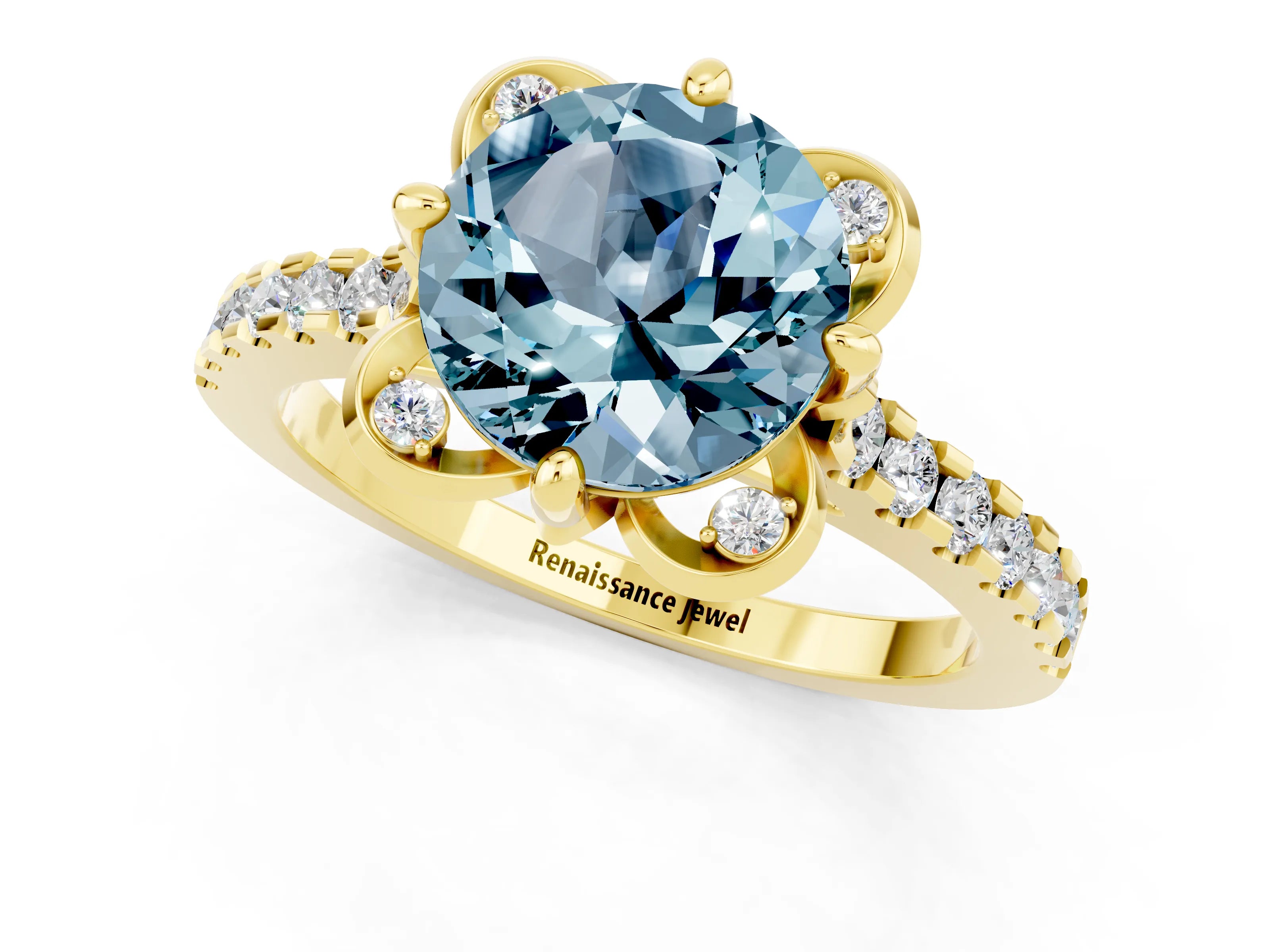 Yellow gold Round Cut Aquamarine Ring with Pavé Band and Floral Prong Setting_1
