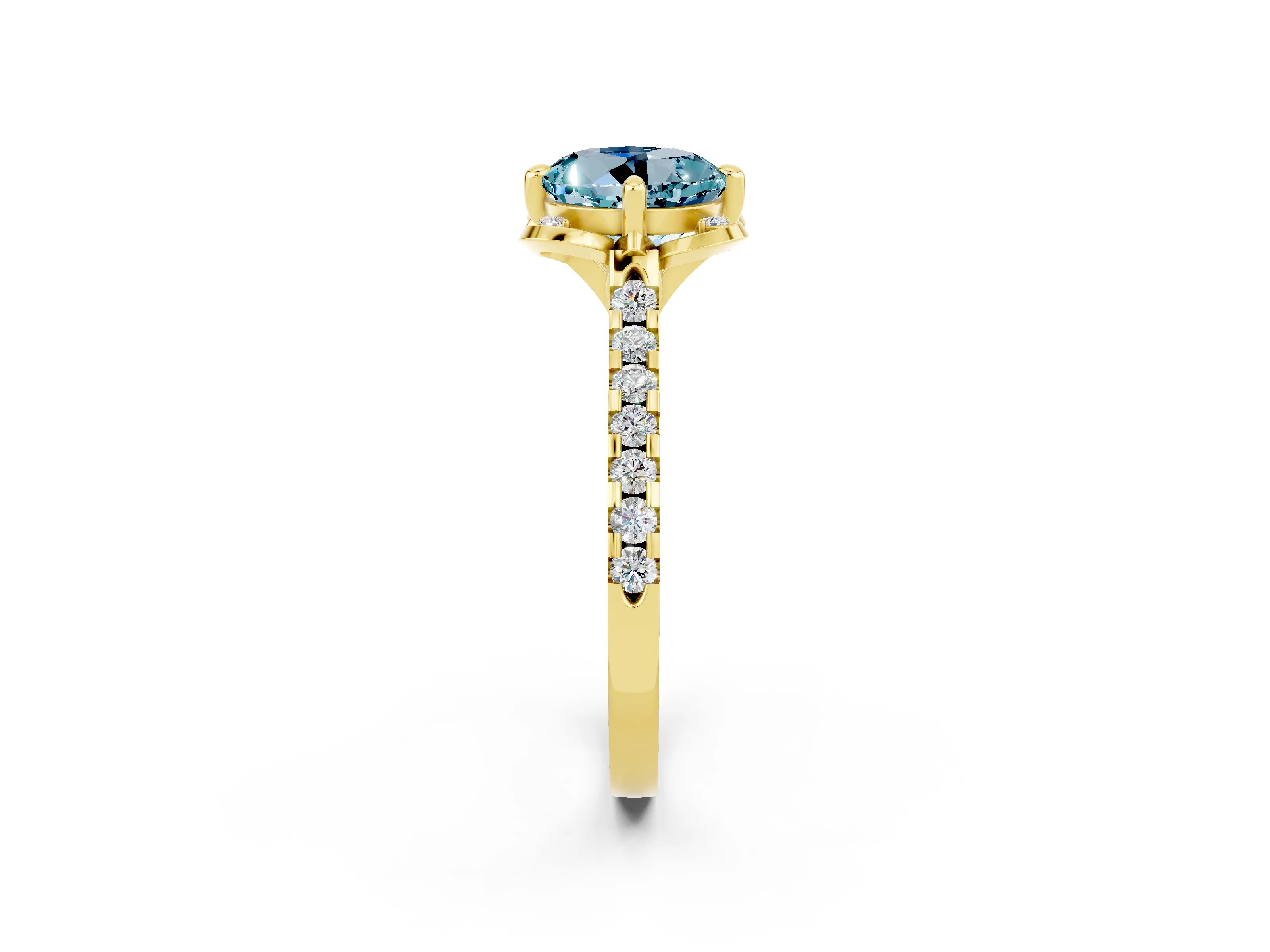 Yellow gold Round Cut Aquamarine Ring with Pavé Band and Floral Prong Setting_2