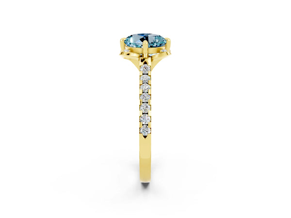 Yellow gold Round Cut Aquamarine Ring with Pavé Band and Floral Prong Setting