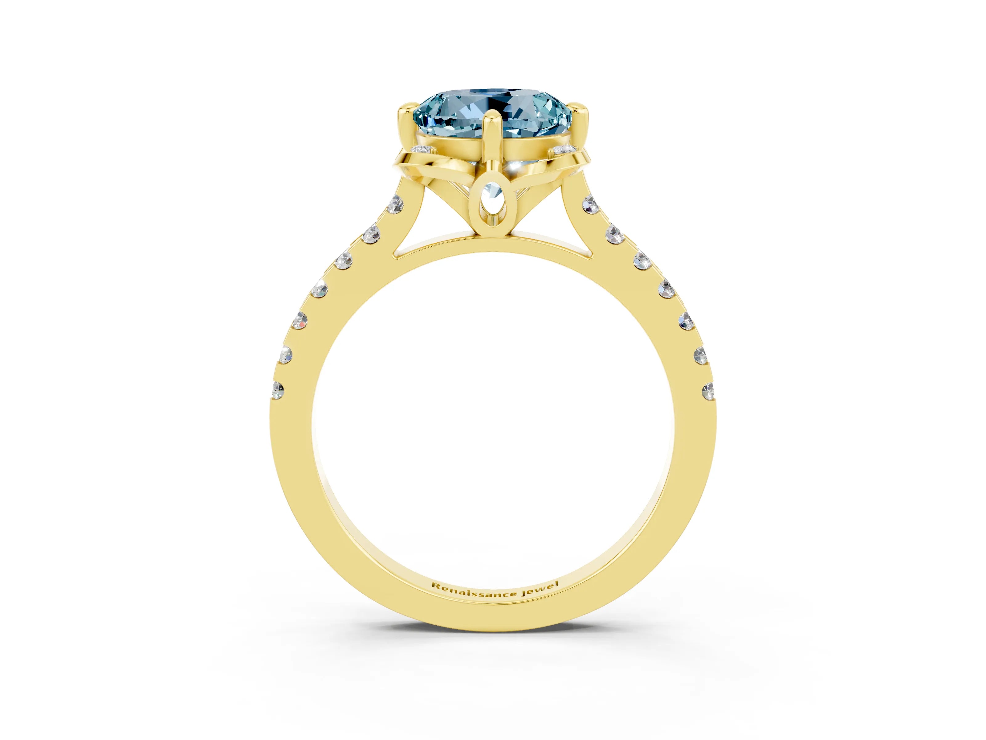 Yellow gold Round Cut Aquamarine Ring with Pavé Band and Floral Prong Setting_3