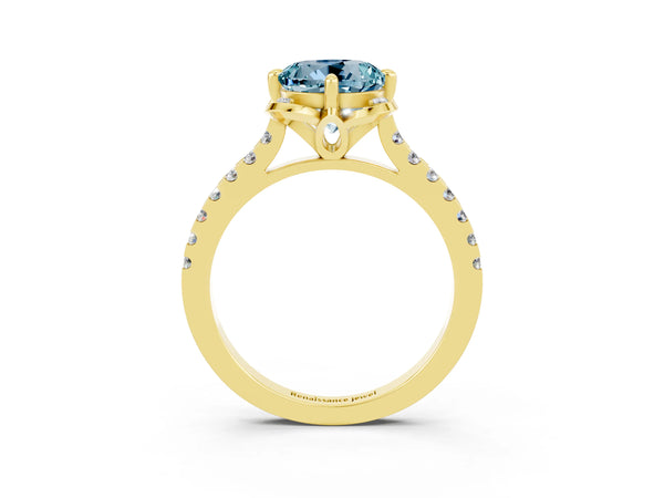 Yellow gold Round Cut Aquamarine Ring with Pavé Band and Floral Prong Setting
