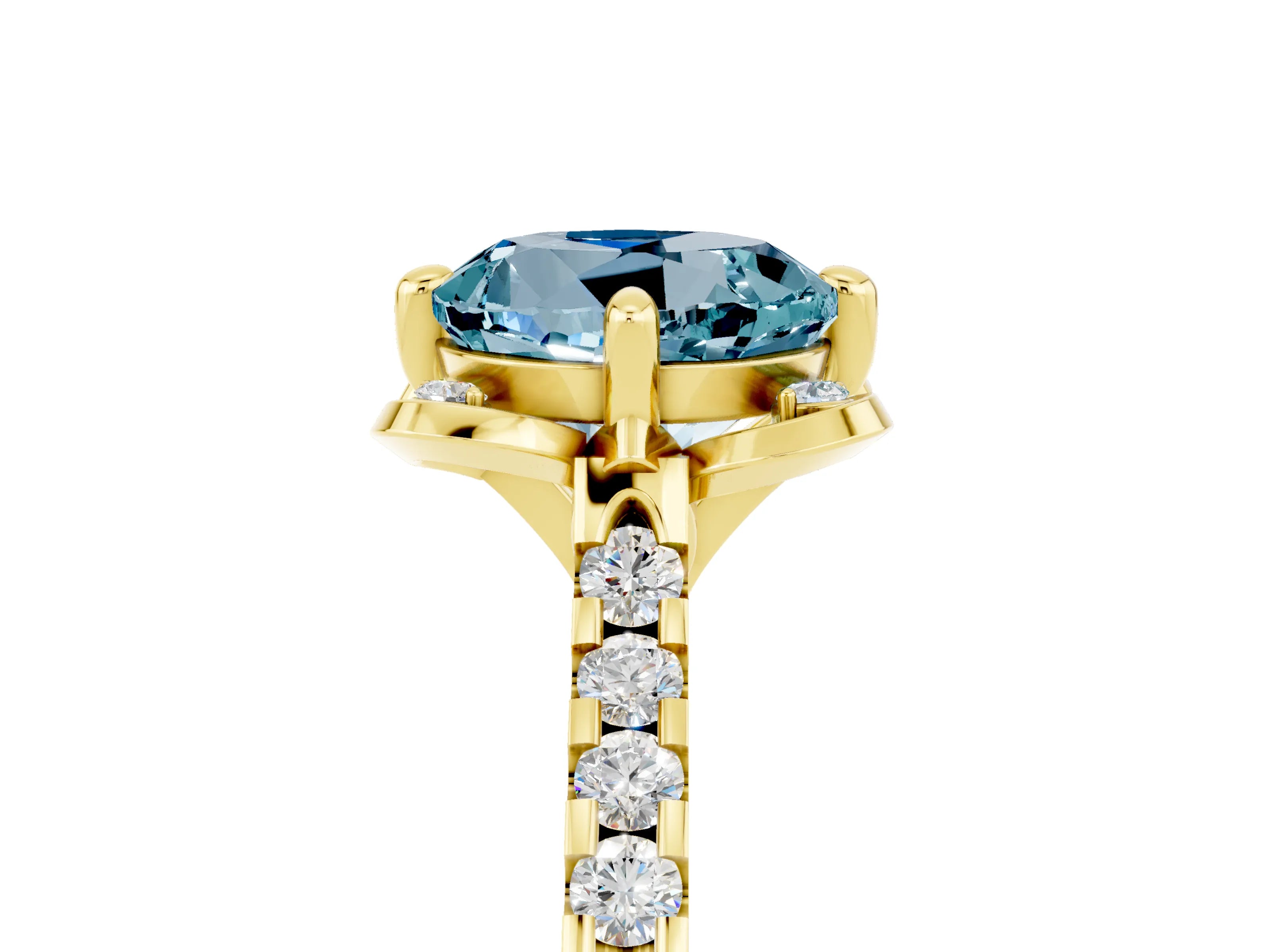 Yellow gold Round Cut Aquamarine Ring with Pavé Band and Floral Prong Setting_5