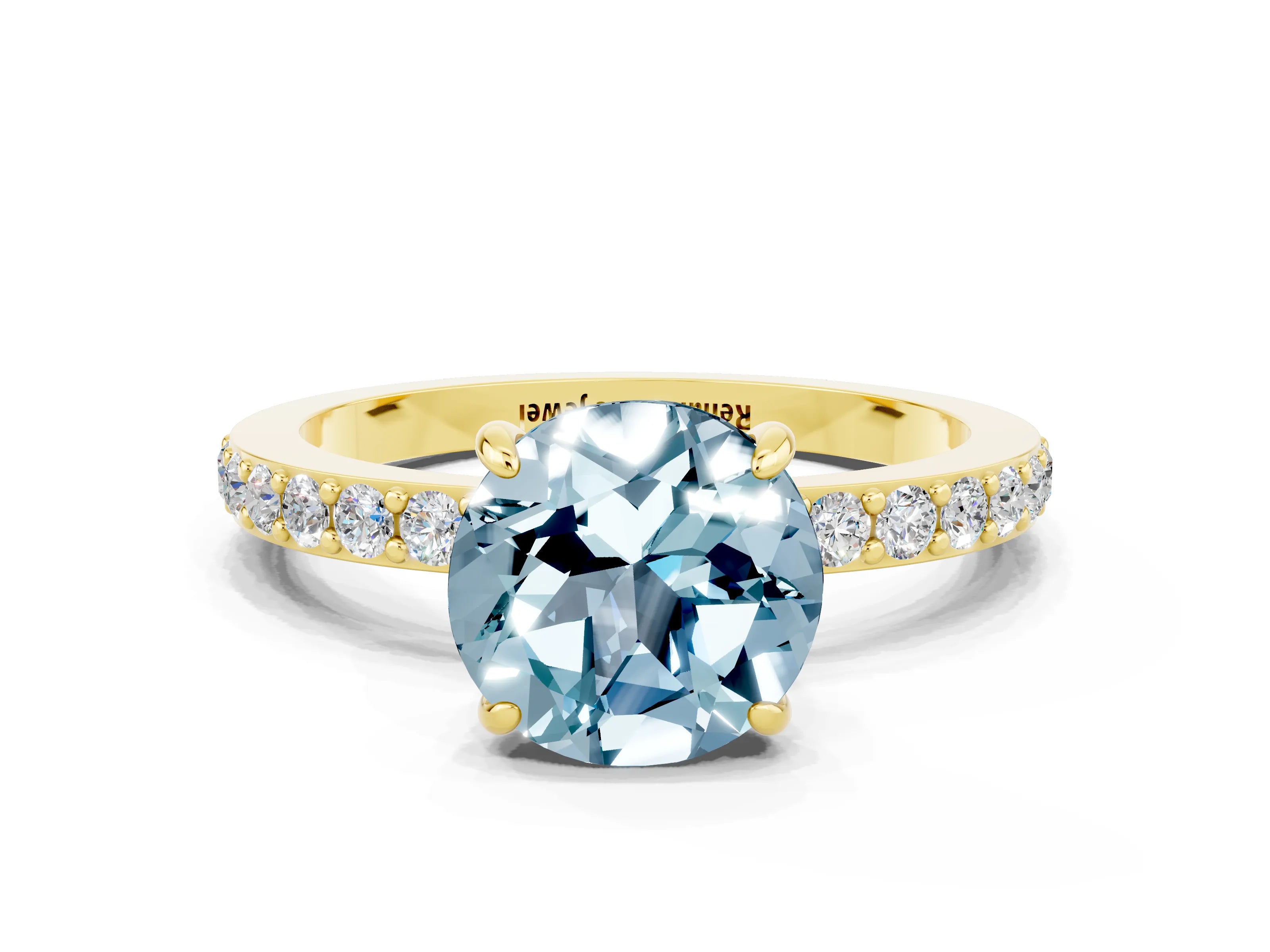 Yellow gold Round Cut Aquamarine Ring with Pavé Band and Four-Prong Setting