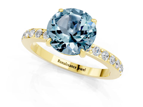 Yellow gold Round Cut Aquamarine Ring with Pavé Band and Four-Prong Setting_1