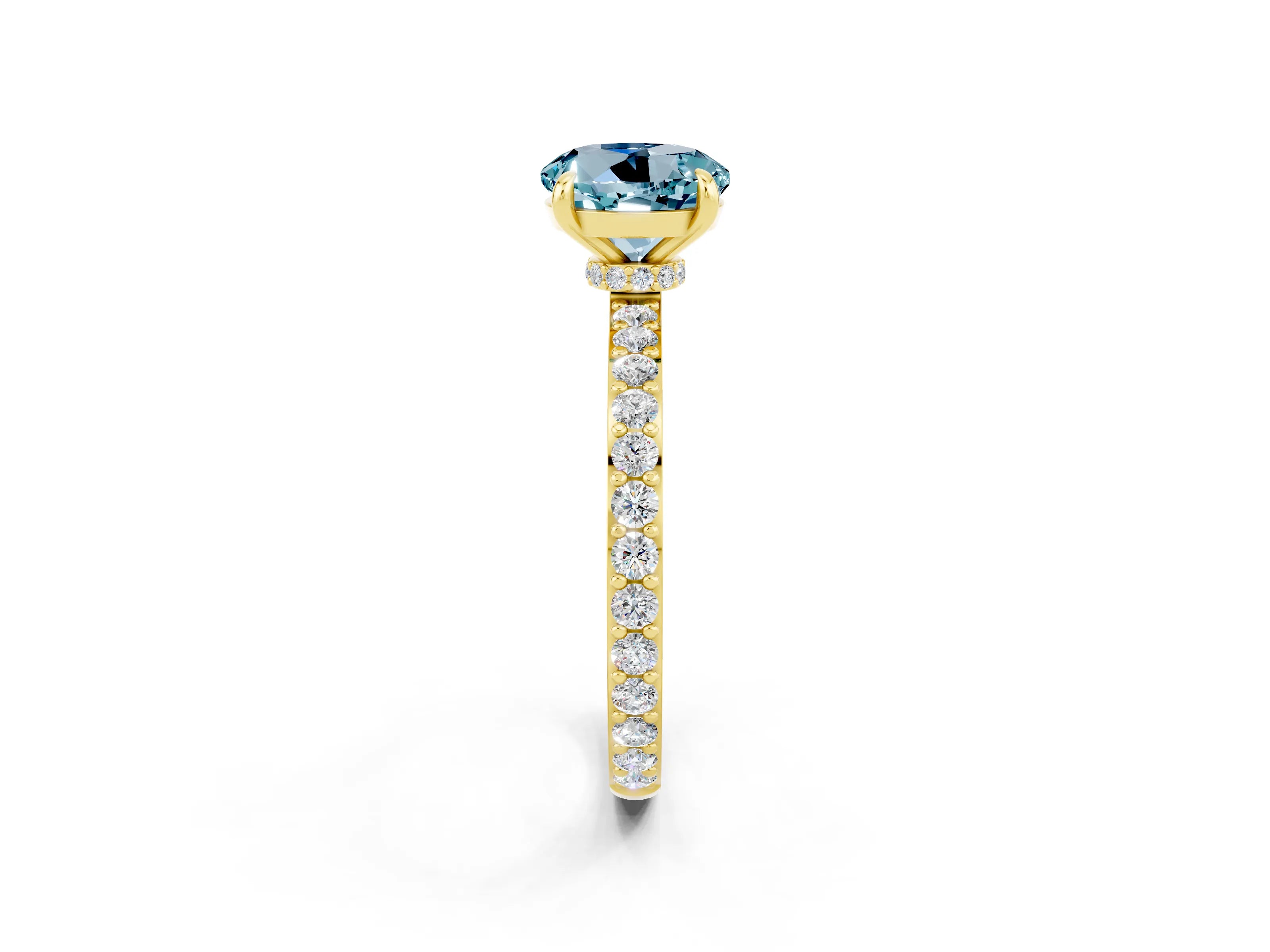 Yellow gold Round Cut Aquamarine Ring with Pavé Band and Four-Prong Setting_2