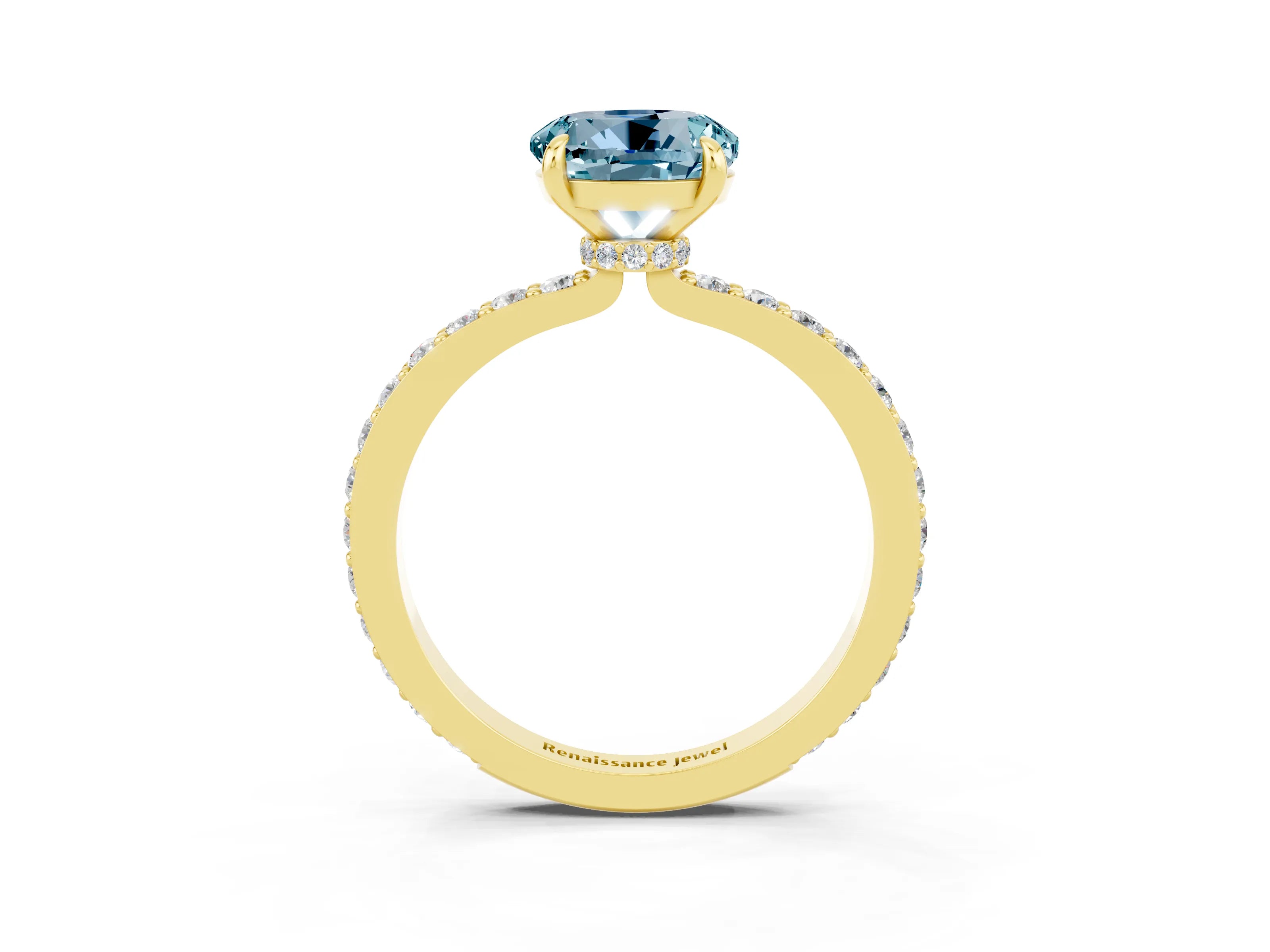 Yellow gold Round Cut Aquamarine Ring with Pavé Band and Four-Prong Setting_3