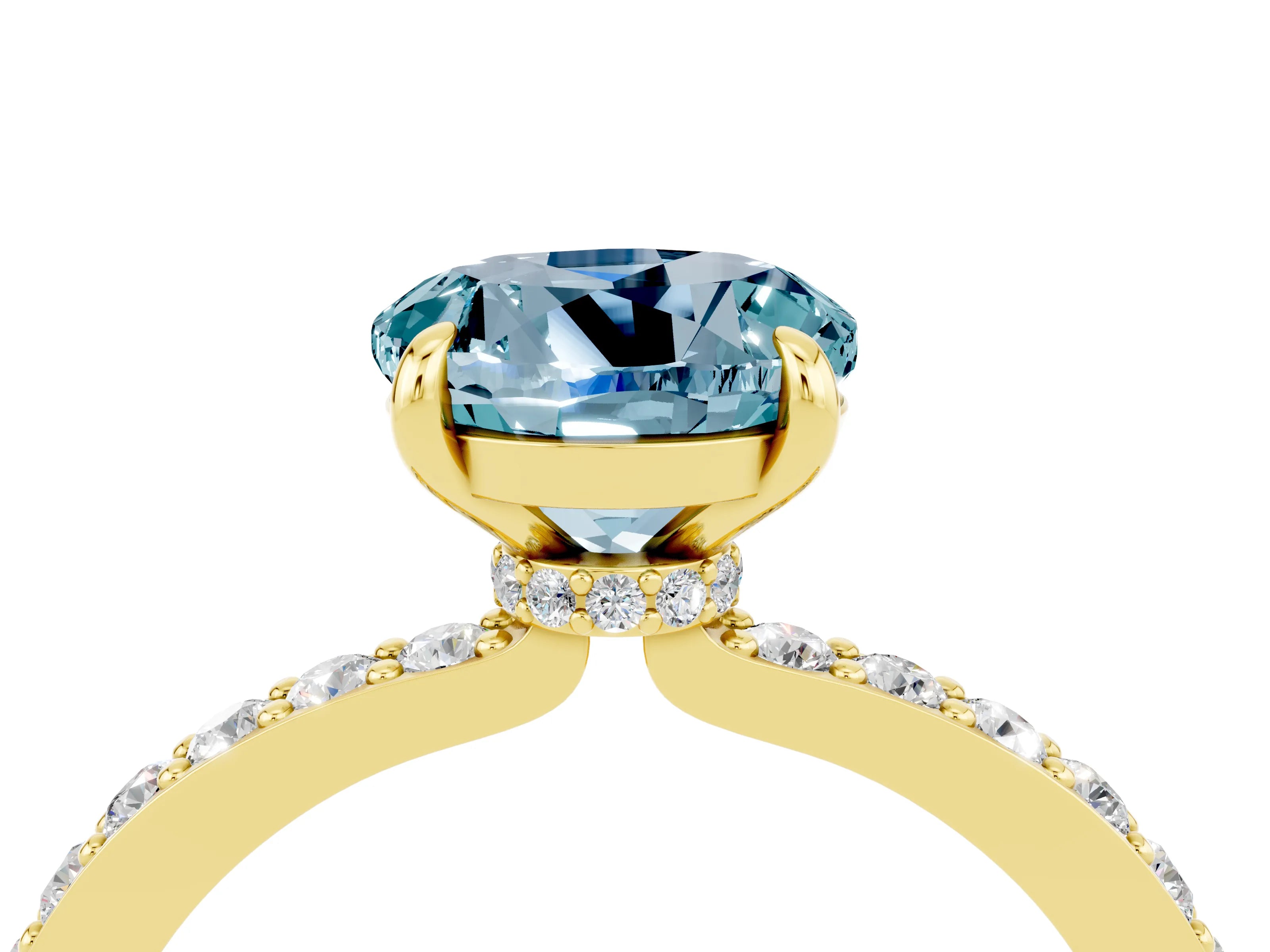 Yellow gold Round Cut Aquamarine Ring with Pavé Band and Four-Prong Setting_4