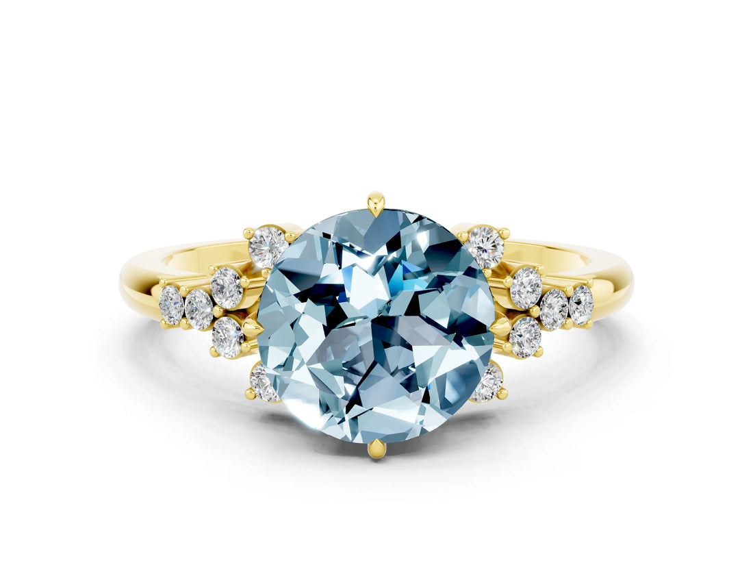 Yellow gold Round Cut Aquamarine Ring with Side Stones and Four-Prong Setting_36