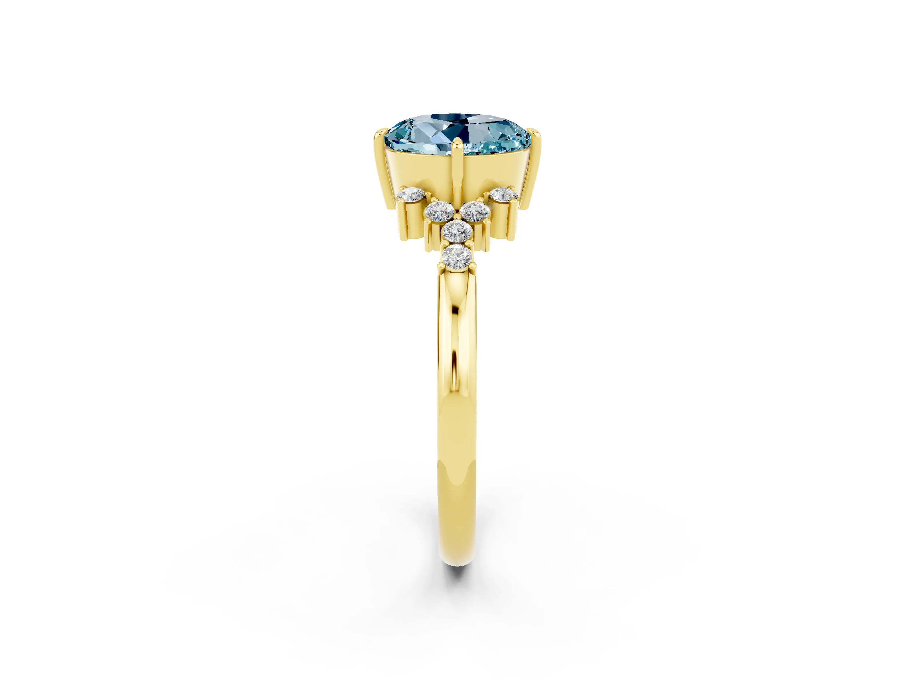 Yellow gold Round Cut Aquamarine Ring with Side Stones and Four-Prong Setting_38
