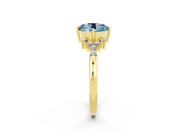 Yellow gold Round Cut Aquamarine Ring with Side Stones and Four-Prong Setting