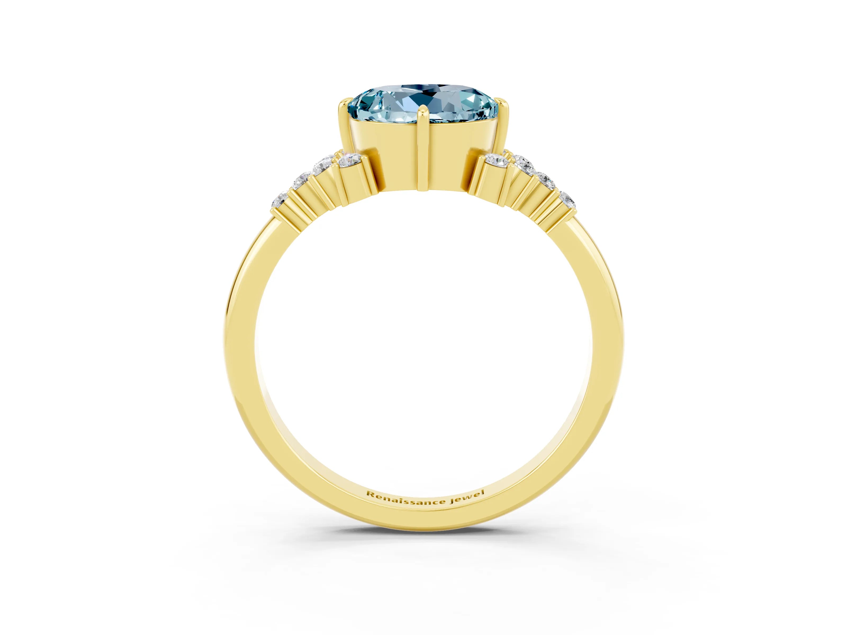 Yellow gold Round Cut Aquamarine Ring with Side Stones and Four-Prong Setting_39