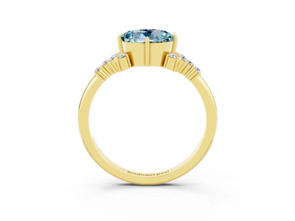 Yellow gold Round Cut Aquamarine Ring with Side Stones and Four-Prong Setting