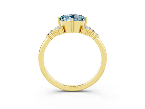 Yellow gold Round Cut Aquamarine Ring with Side Stones and Four-Prong Setting_39