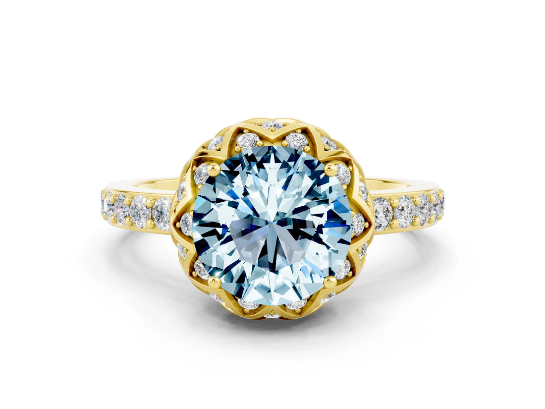 Yellow gold Round Cut Aquamarine Scalloped Halo Engagement Ring with Round Shared Prong Band_24