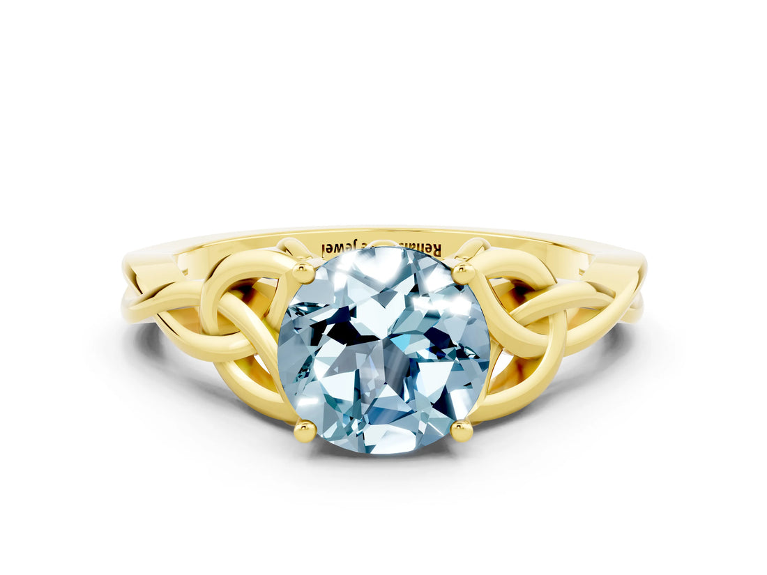 Yellow gold Round Cut Aquamarine Solitaire Celtic Knot Ring with Four-Prong Setting_12