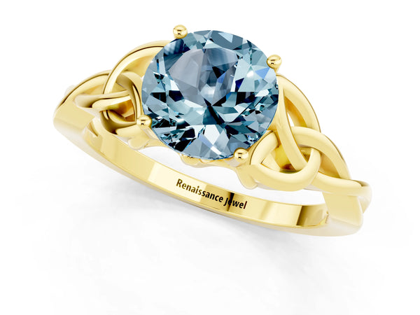 Yellow gold Round Cut Aquamarine Solitaire Celtic Knot Ring with Four-Prong Setting