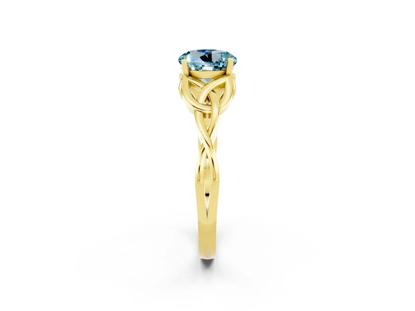 Yellow gold Round Cut Aquamarine Solitaire Celtic Knot Ring with Four-Prong Setting
