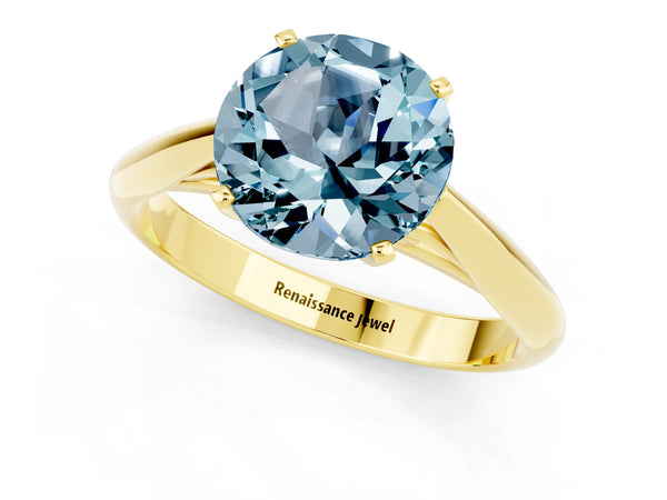 Yellow gold Round Cut Aquamarine Solitaire Engagement Ring with Cathedral Setting and Four-Prong Mount