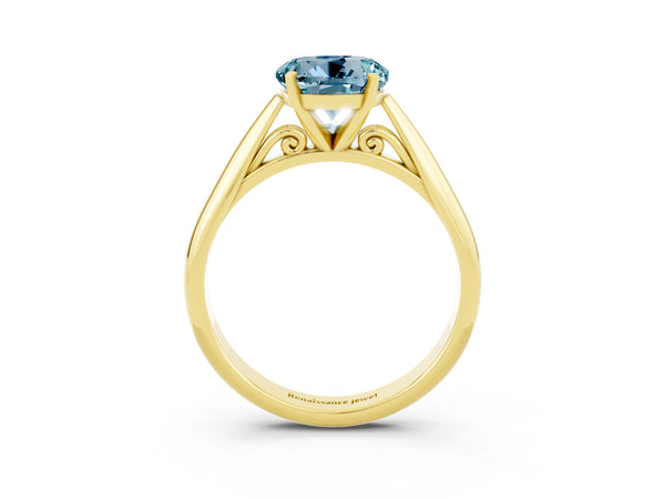 Yellow gold Round Cut Aquamarine Solitaire Engagement Ring with Cathedral Setting and Four-Prong Mount