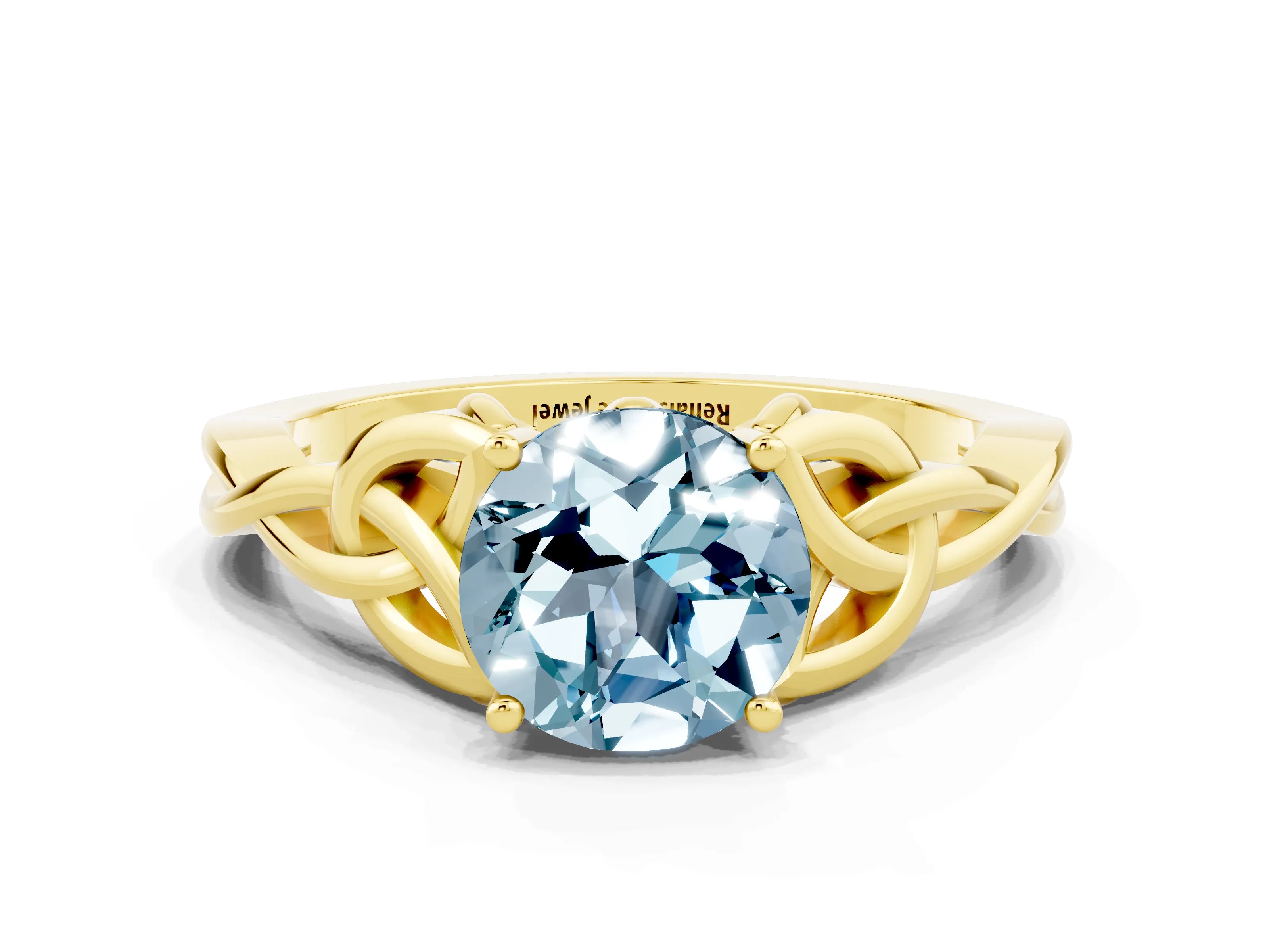 Yellow gold Round Cut Aquamarine Solitaire Engagement Ring with Celtic Knot Band and Four-Prong Setting