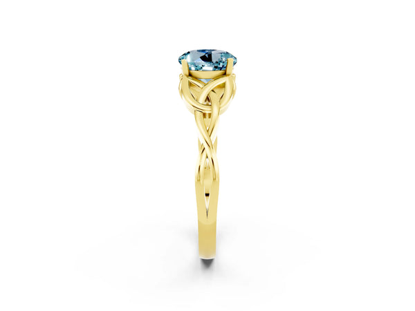 Yellow gold Round Cut Aquamarine Solitaire Engagement Ring with Celtic Knot Band and Four-Prong Setting