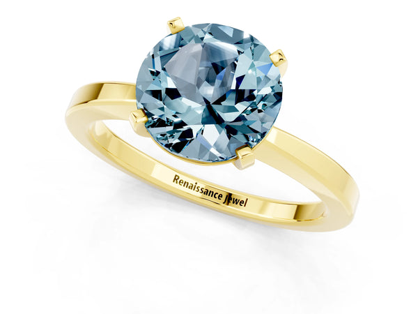 Yellow gold Round Cut Aquamarine Solitaire Engagement Ring with Classic Band and Four-Prong Setting