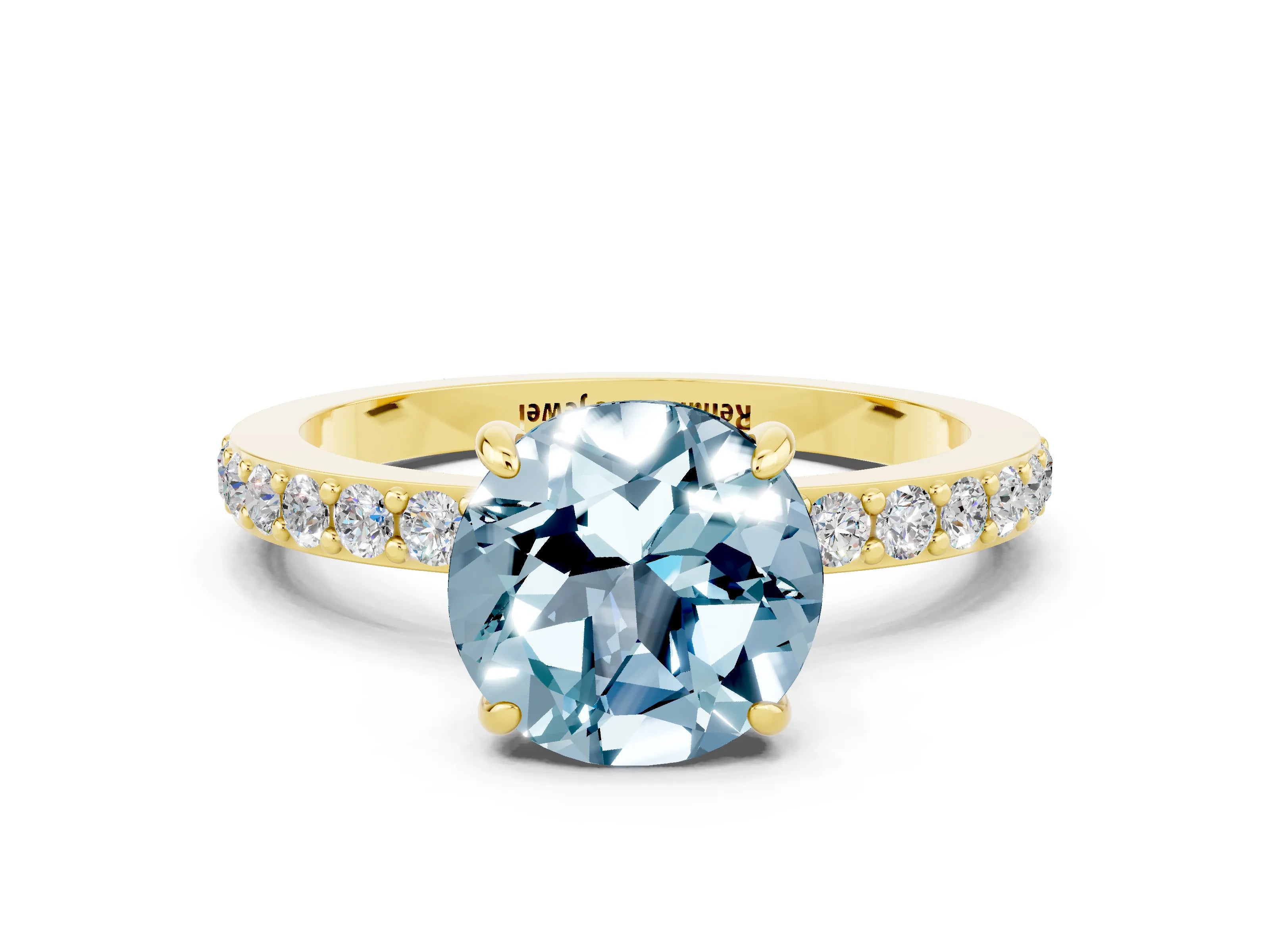 Yellow gold Round Cut Aquamarine Solitaire Engagement Ring with Pavé Band and Four-Prong Setting