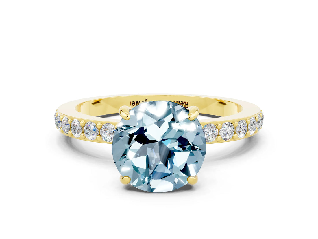 Yellow gold Round Cut Aquamarine Solitaire Engagement Ring with Pavé Band and Four-Prong Setting