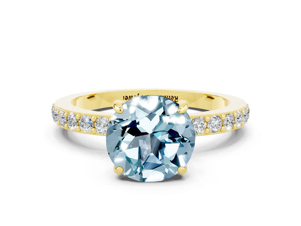 Yellow gold Round Cut Aquamarine Solitaire Engagement Ring with Pavé Band and Four-Prong Setting